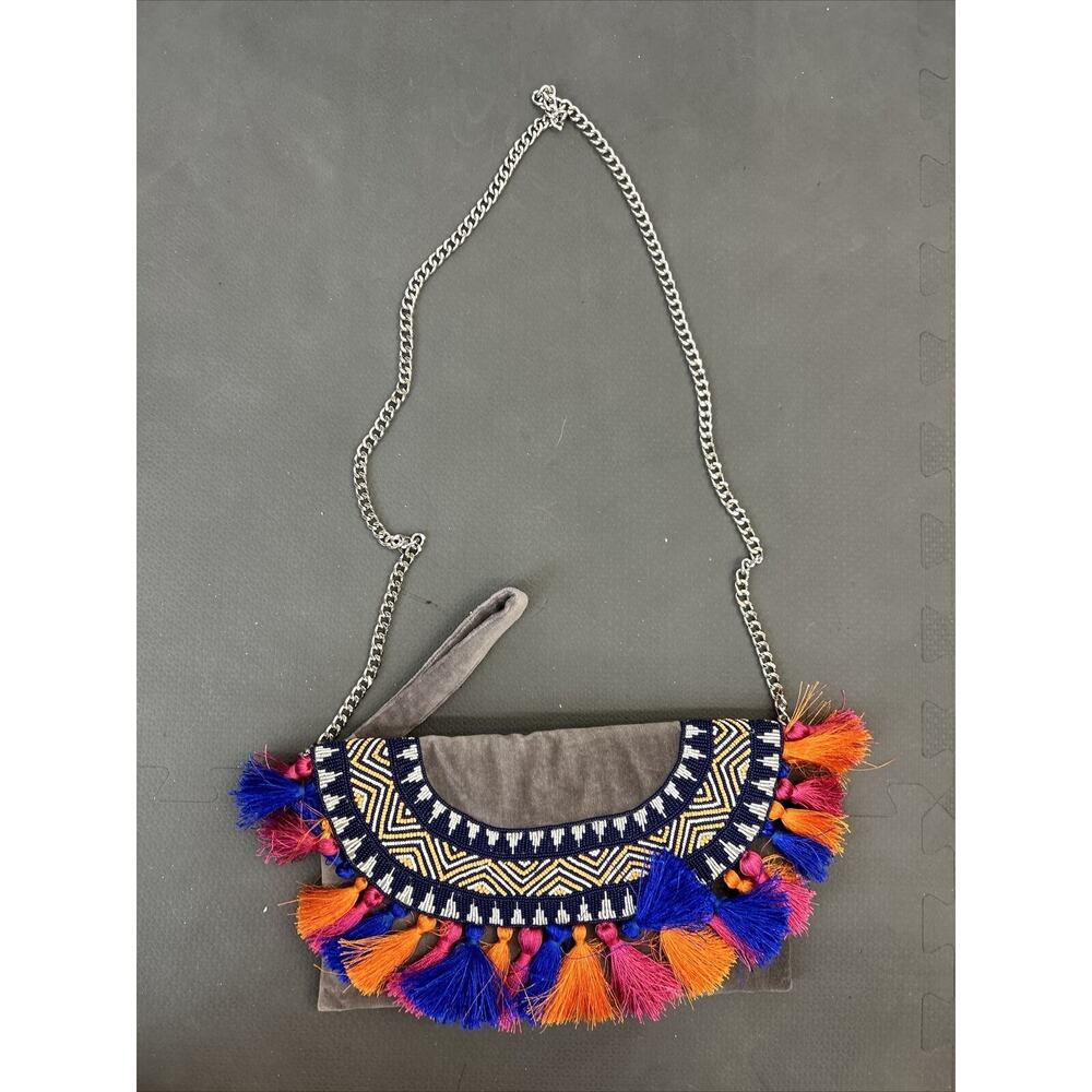 Roberta Roller Rabbit Grey Velvet Beaded Tassle Clutch Wrislet FS Bnfts Charity